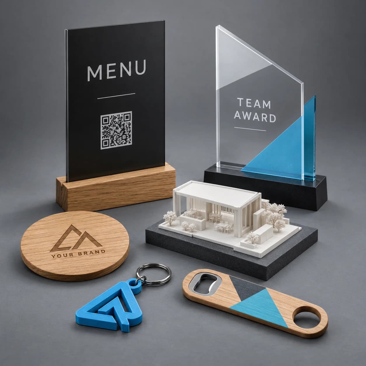 Concept assortment of a menu sign, engraved coaster, logo keyring, bottle opener, award and architectural display model.