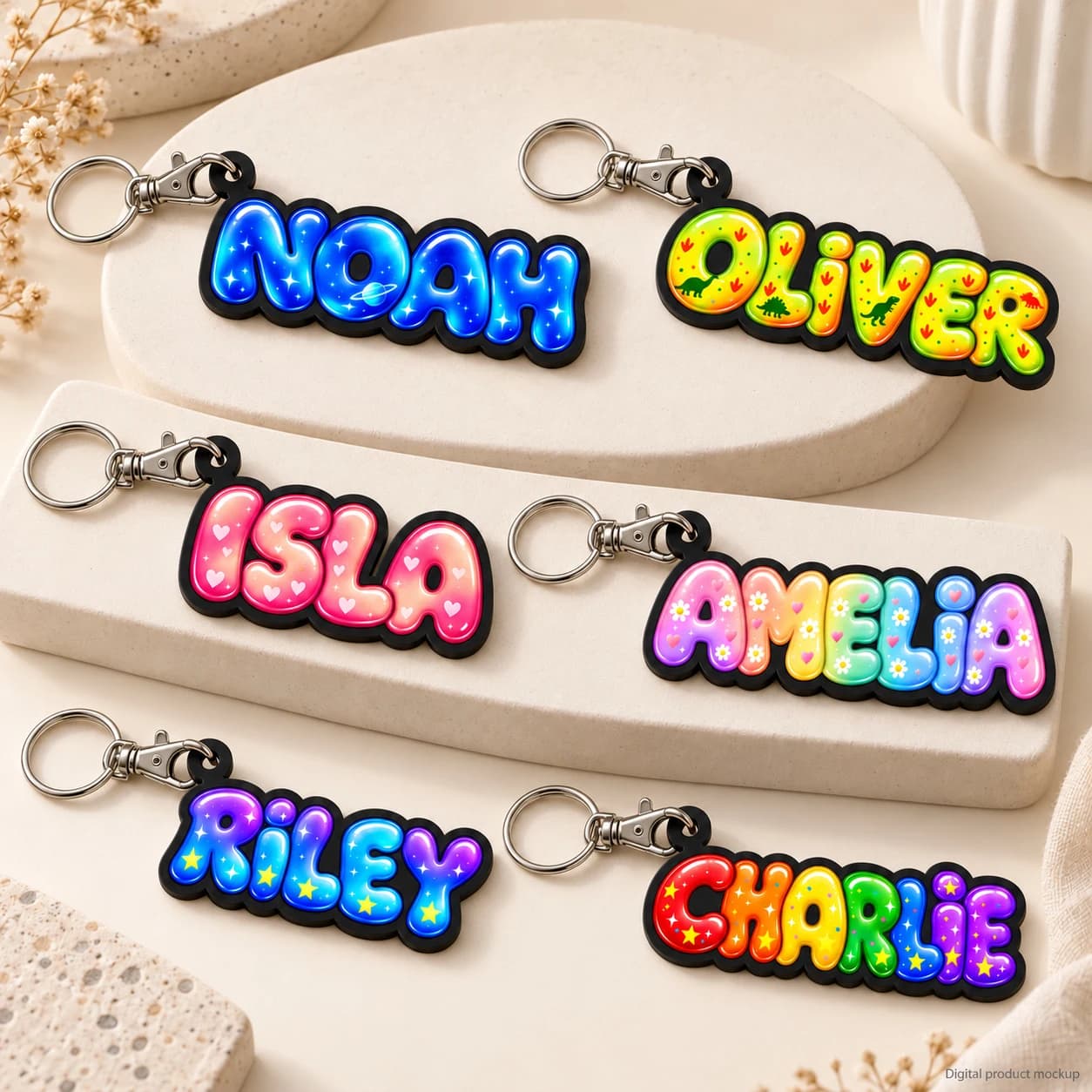 Digital product mockup of six personalised bubble name keyrings in colourful themes.