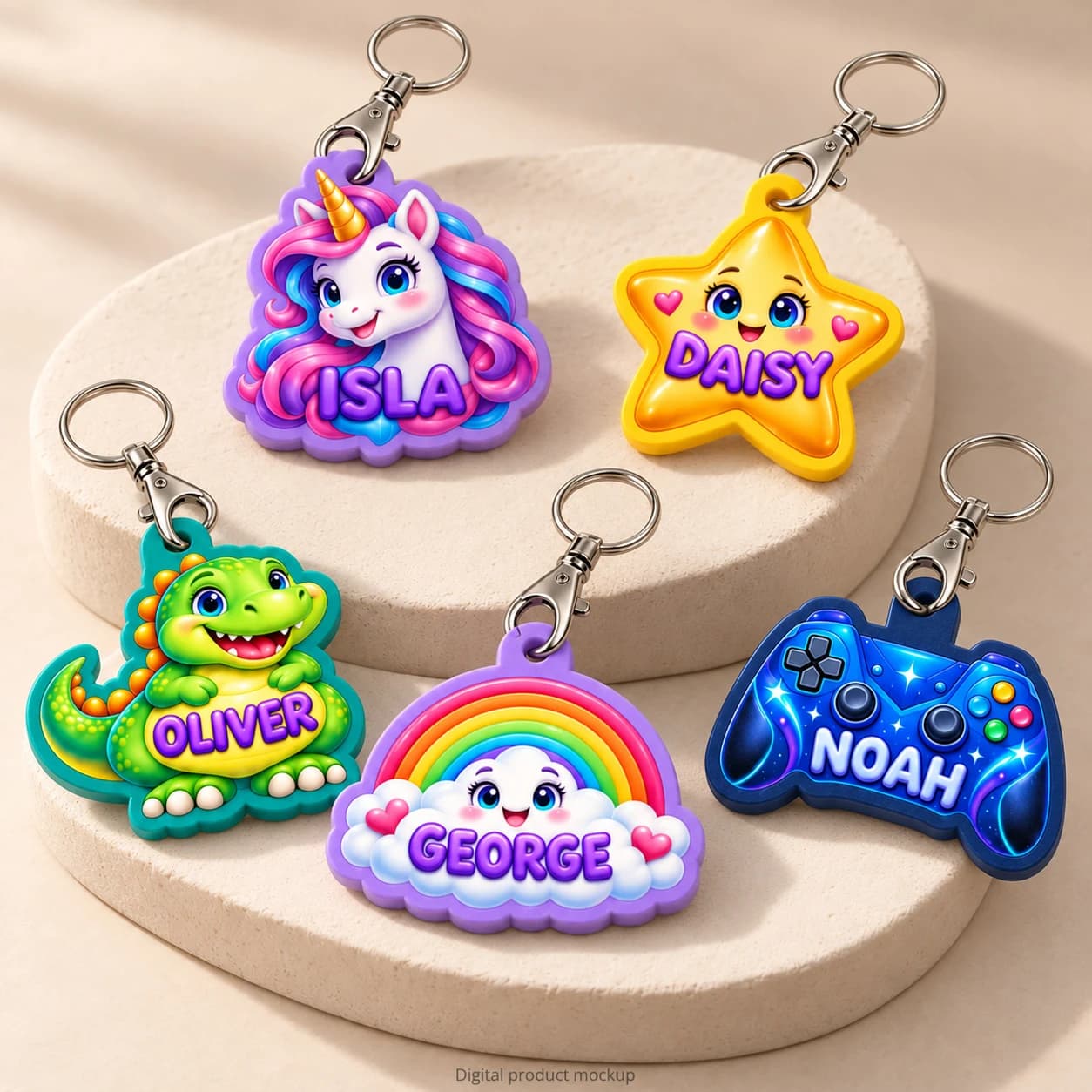 Digital product mockup of personalised unicorn, star, dinosaur, rainbow and controller keyrings.