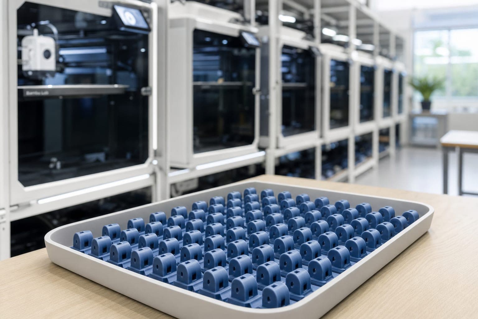 A tray of identical 3D-printed parts in front of a Bambu Lab print farm