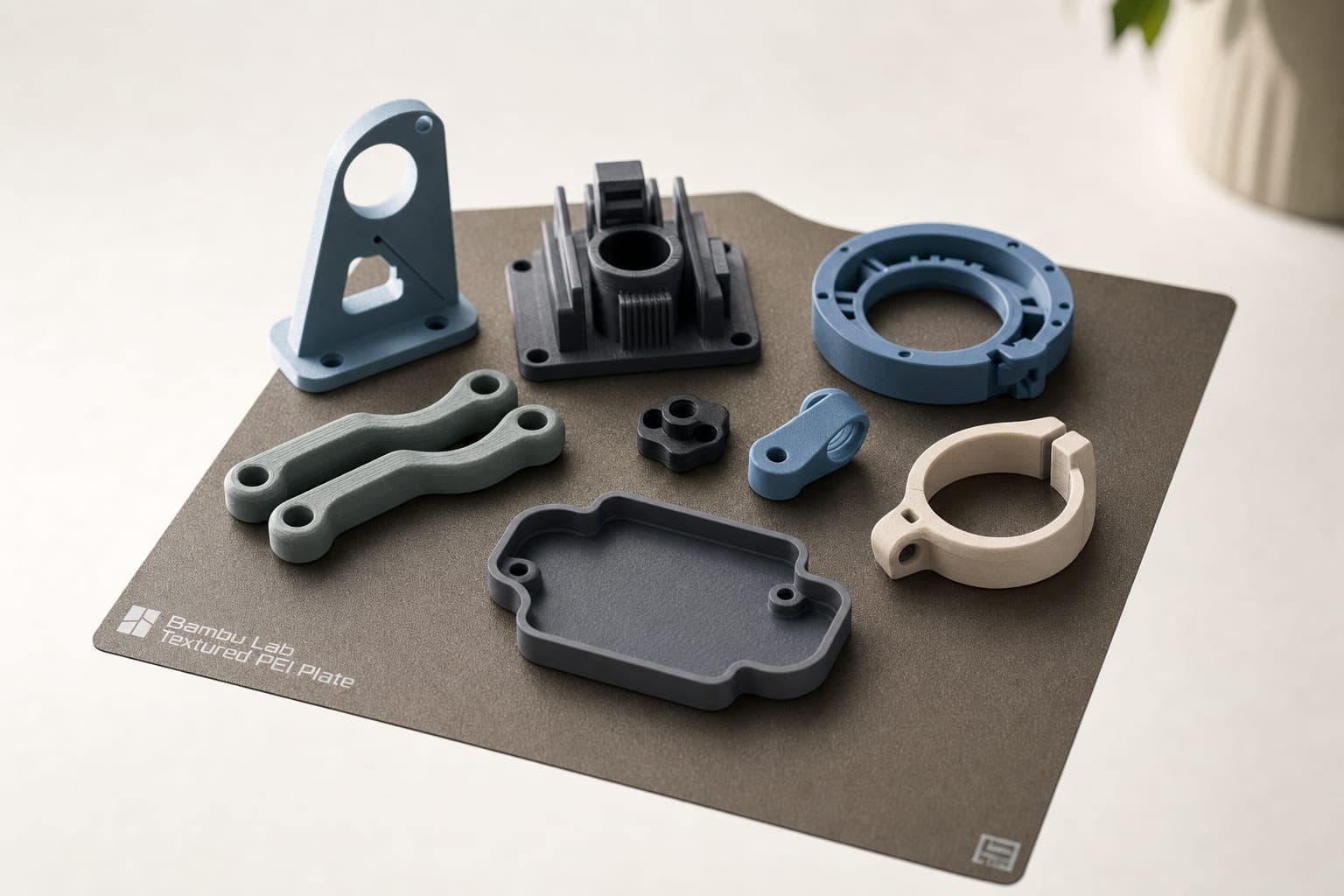 A selection of finished 3D-printed parts on a Bambu Lab build plate