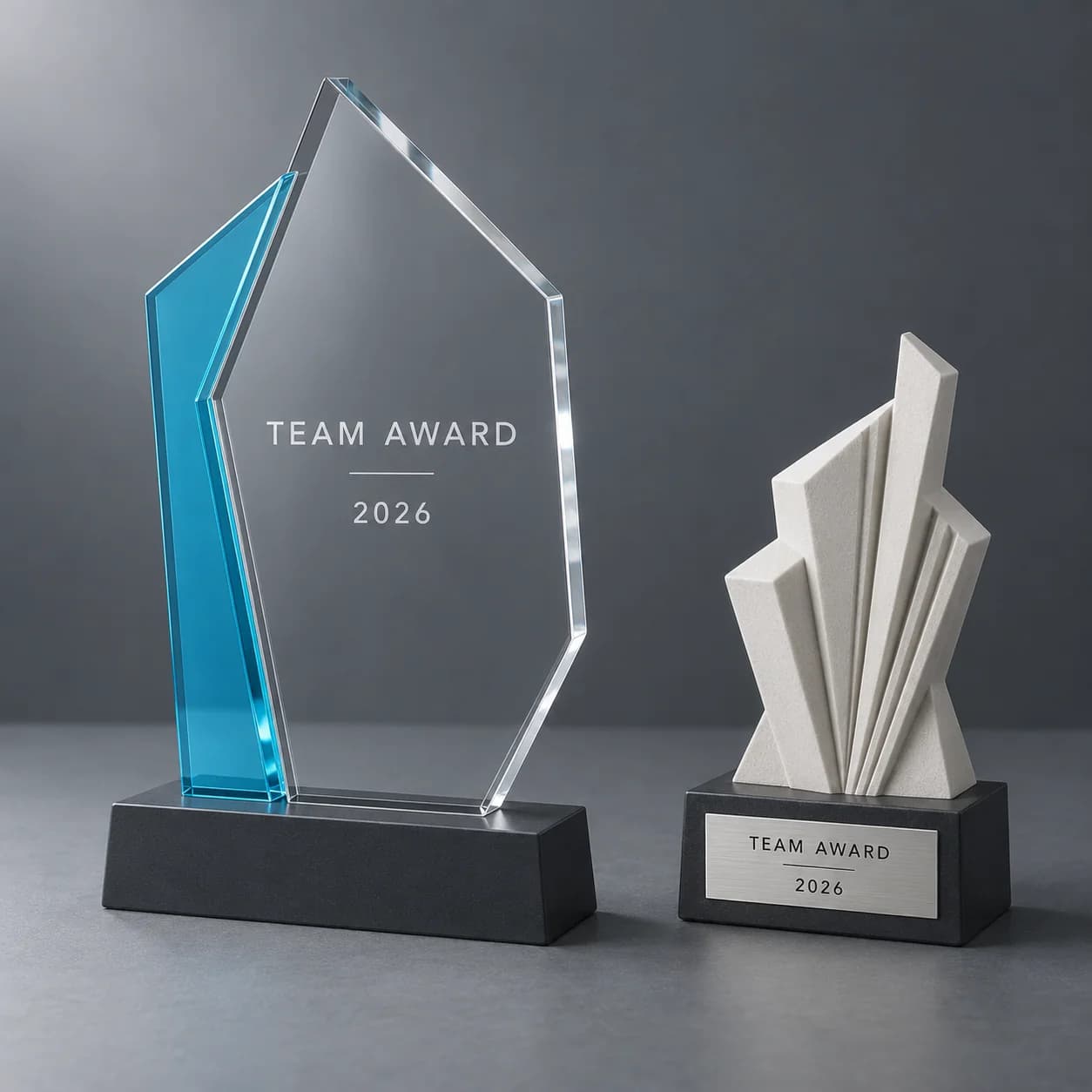 Concept acrylic team award with a blue accent and a custom trophy on a personalised base.