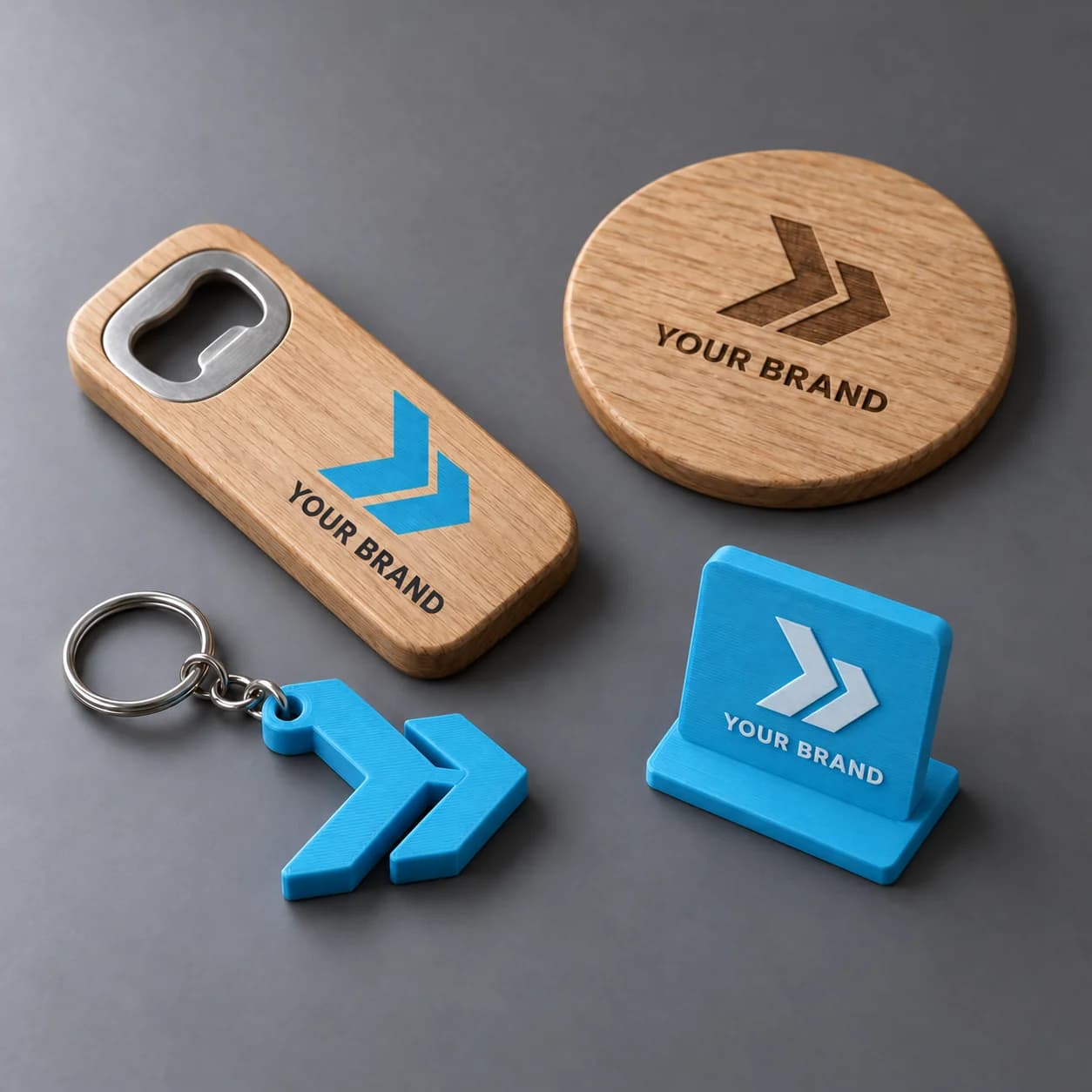 Concept branded merchandise with a shaped logo keyring, wooden bottle opener, coaster and desk token.