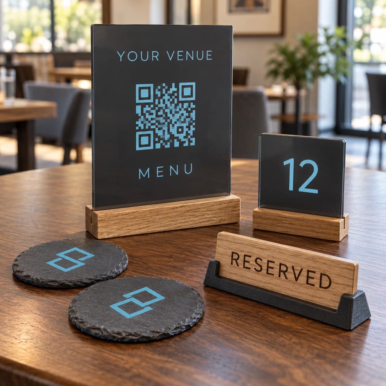 Concept restaurant table set with a menu sign, table number, printed slate coasters and a reserved sign.