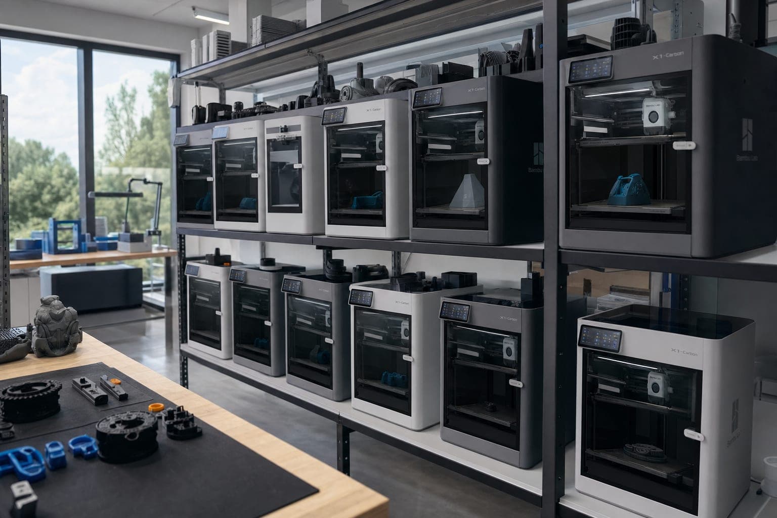 Rows of Bambu Lab printers running in the Yorkshire3D print farm