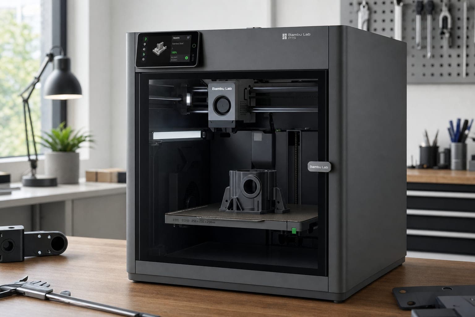 An enclosed Bambu Lab 3D printer printing a part